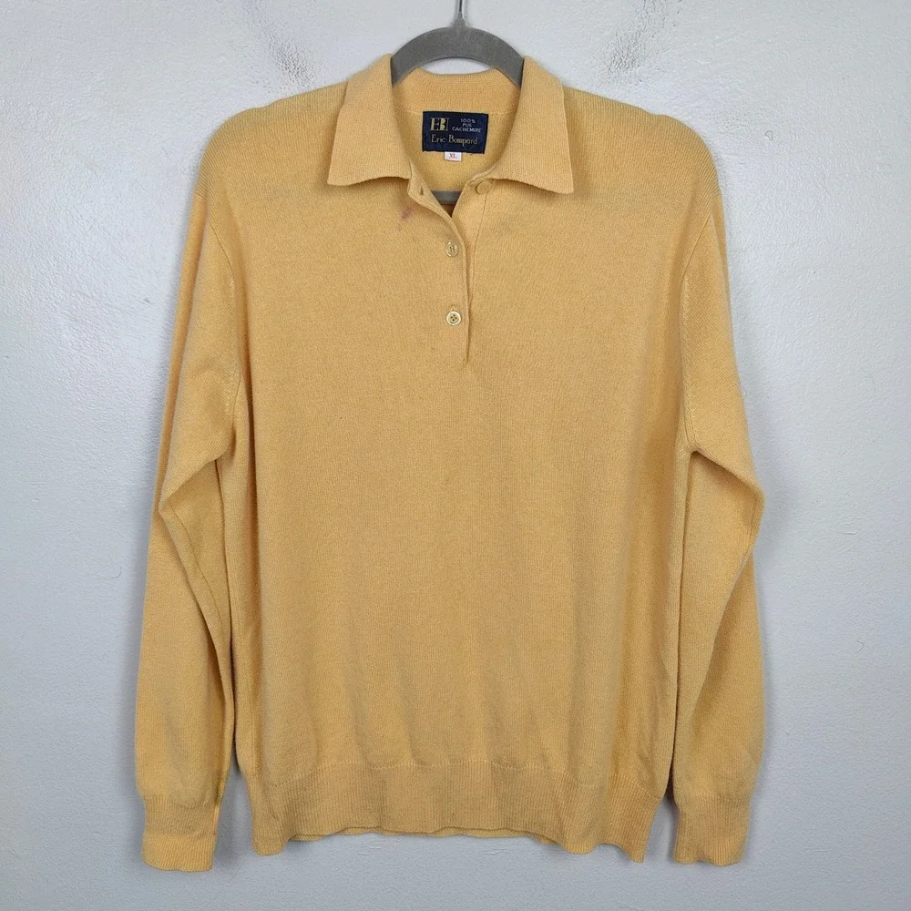 Vintage Eric Bompard 100% Cashmere Polo Sweater Mens‎ XL Yellow Long Sleeve Knit